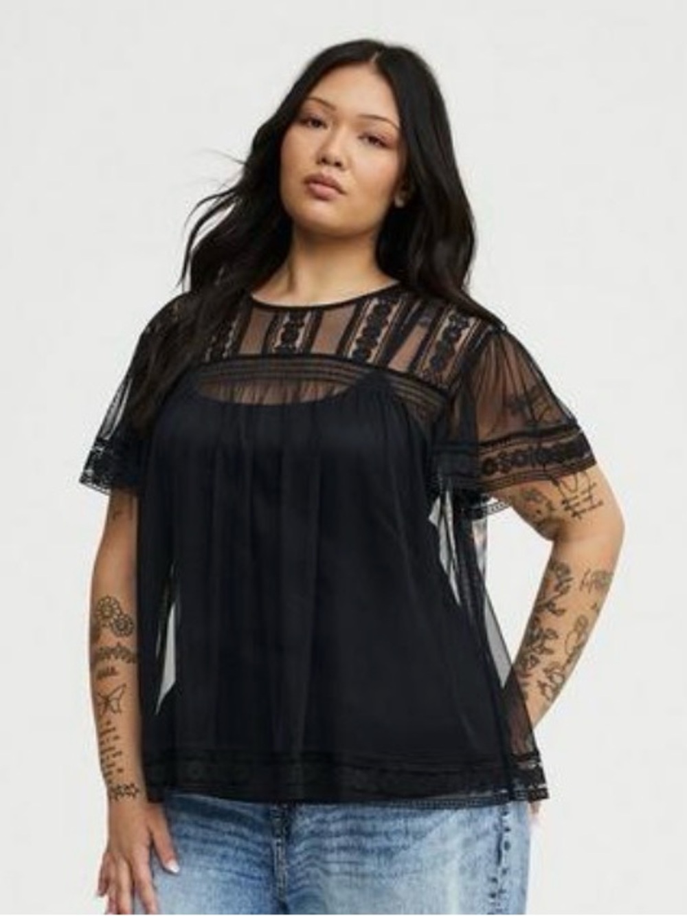 Torrid Black Sheer Lace-Trim Blouse